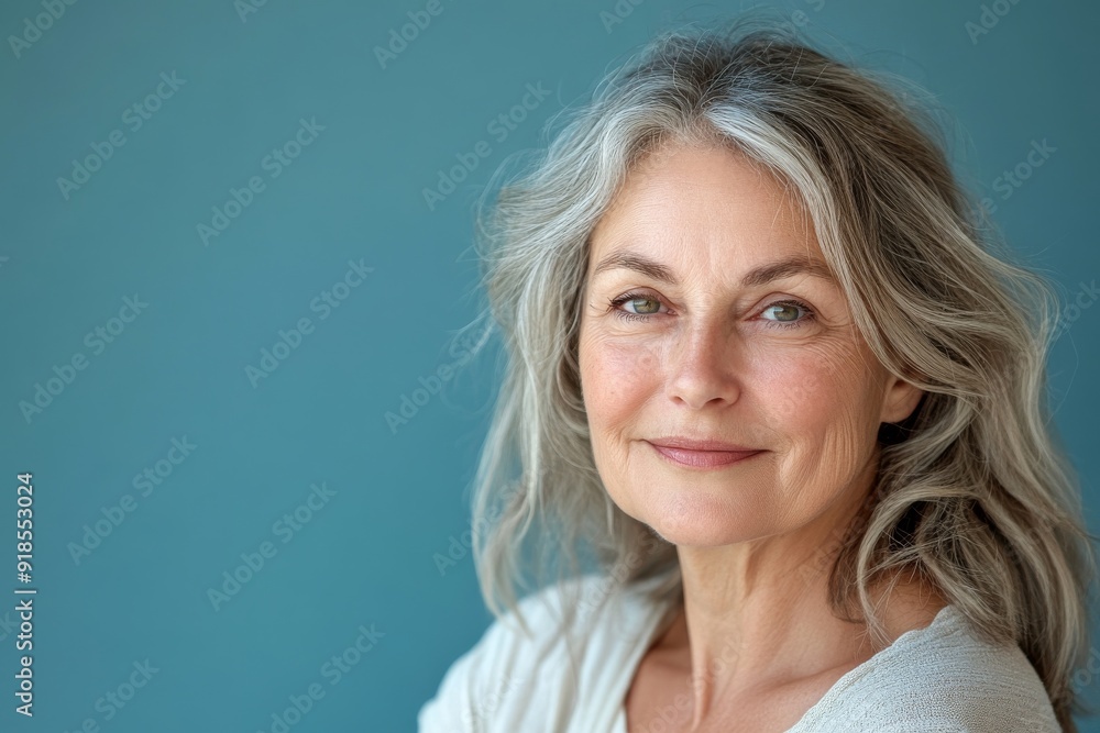 A senior woman with long silver hair smiles gently, her confident presence and soft features radiating warmth against a soothing backdrop A senior woman with long silver hair smiles gently, her confident presence and soft features radiating warmth against a soothing backdrop