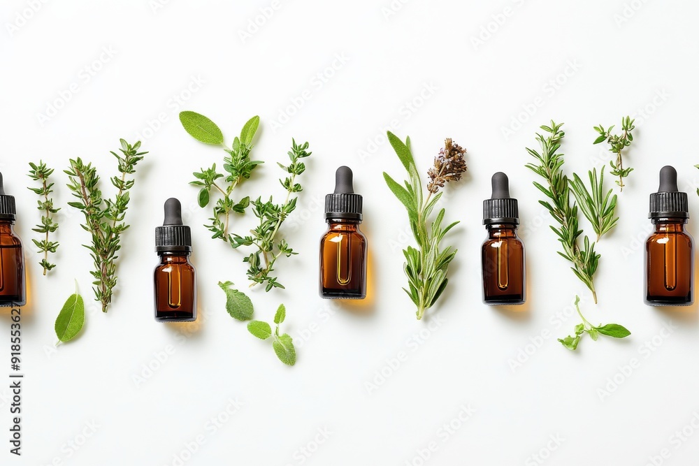 A neat arrangement of essential oil bottles paired with fresh herbs spreads across a clean, white surface, showcasing a calming aesthetic A neat arrangement of essential oil bottles paired with fresh herbs spreads across a clean, white surface, showcasing a calming aesthetic