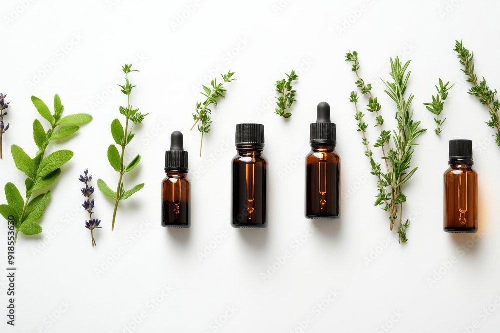 A top-down view showcases essential oil bottles elegantly paired with fresh herbs on a clean surface A top-down view showcases essential oil bottles elegantly paired with fresh herbs on a clean surface