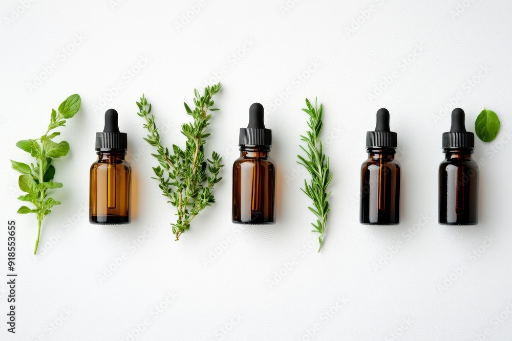 A neat arrangement of essential oil bottles alongside fresh herbs on a minimalist backdrop showcases their natural essence A neat arrangement of essential oil bottles alongside fresh herbs on a minimalist backdrop showcases their natural essence