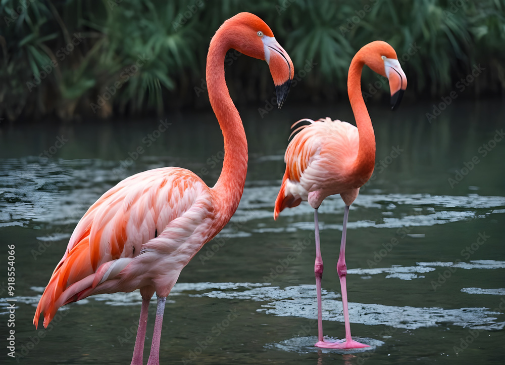 Two flamingos standing in shallow water