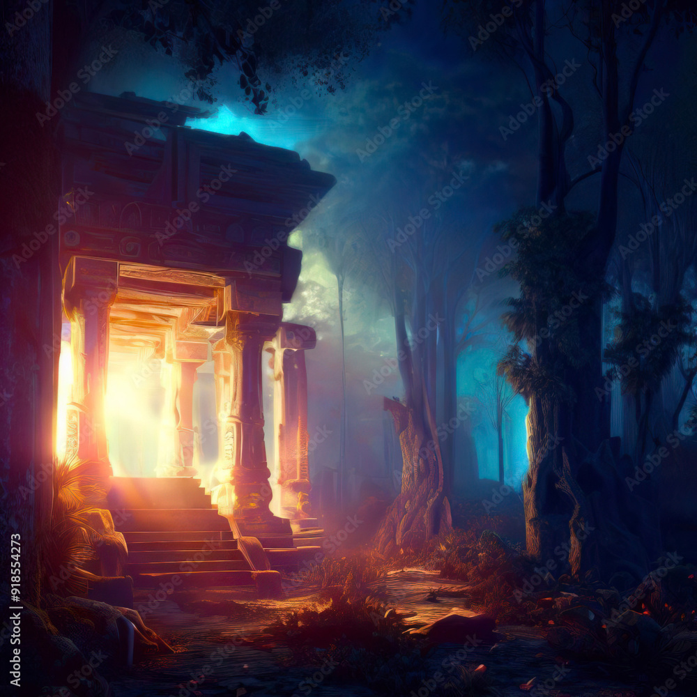 Obraz premium Temple in fantasy forest at night, old ruins and magic light, Surreal mystical fantasy artwork