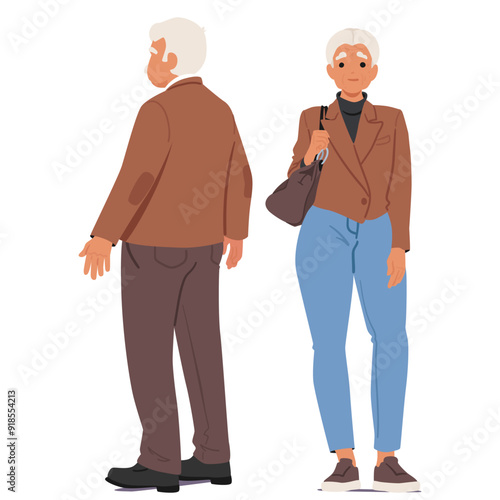 Elderly Man And Woman Standing Together In Casual Clothing. The Man Is Shown From The Back, While The Woman Face Forward