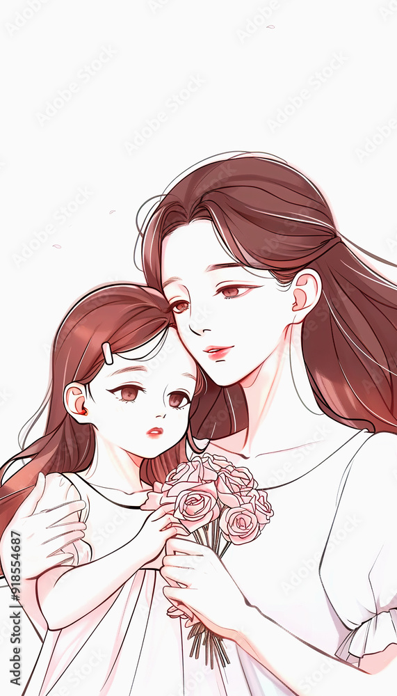 A mother and daughter embracing, holding roses A mother and daughter embracing, holding roses