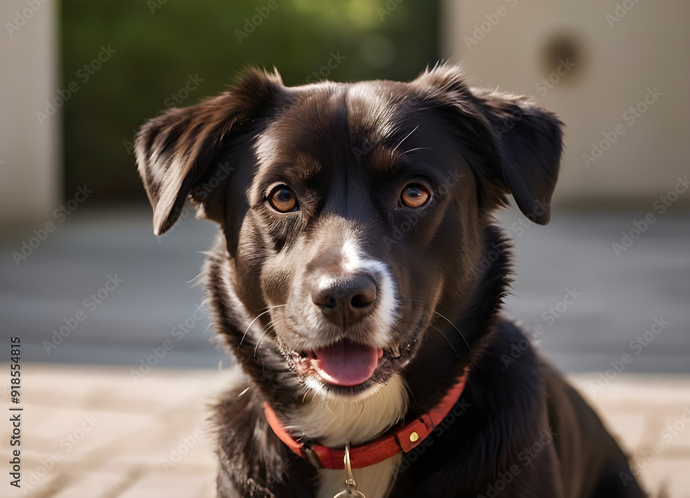 Happy dog smiling outdoors wearing red collar Happy dog smiling outdoors wearing red collar