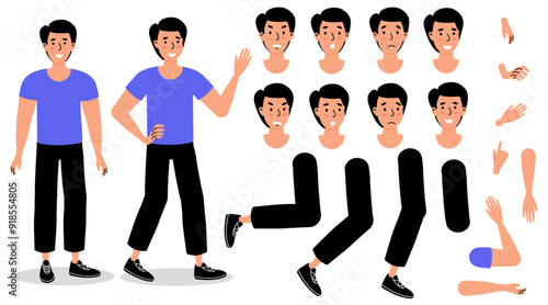 Illustration of a character with various facial expressions and body poses in a flat design style