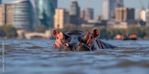 A photo of a majestic majestic hippo submerged in a the river Thames in London. Demonstrating concepts including urban wildlife, habitat loss, urbanisation, adaptation, nature and civilisation. photo