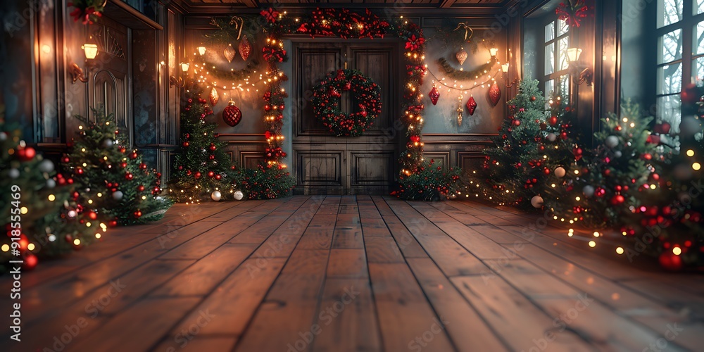 Christmas backdrop with a dark wooden floor, garlands, fairy lights, and holiday decorations. Christmas backdrop with a dark wooden floor, garlands, fairy lights, and holiday decorations.