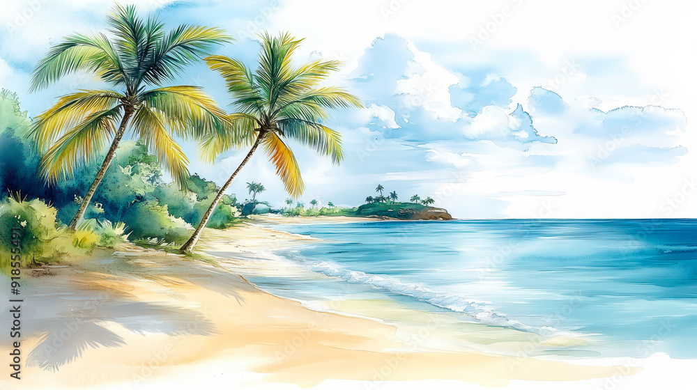 Tropical Beach with Palm Trees and Ocean Watercolor Painting, Summer Vacation Scene, Coastal Landscape for Travel, Relaxation, and Nature Lovers, Ideal for Logos, T-shirt Designs, and Wall Art Tropical Beach with Palm Trees and Ocean Watercolor Painting, Summer Vacation Scene, Coastal Landscape for Travel, Relaxation, and Nature Lovers, Ideal for Logos, T-shirt Designs, and Wall Art