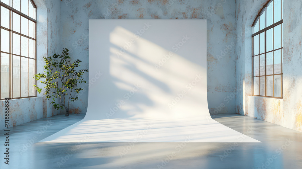 Fototapeta premium Sunny Photo Studio with Large Windows, White Vinyl Backdrop, and Soft Natural Light for Interior Design and Photography Mockup