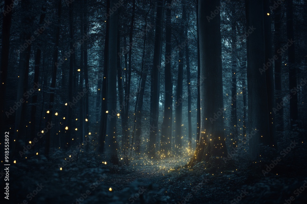 Fireflies flicker like stars in a mystical forest, casting a gentle glow amidst the shadows of tall trees on a serene night Fireflies flicker like stars in a mystical forest, casting a gentle glow amidst the shadows of tall trees on a serene night