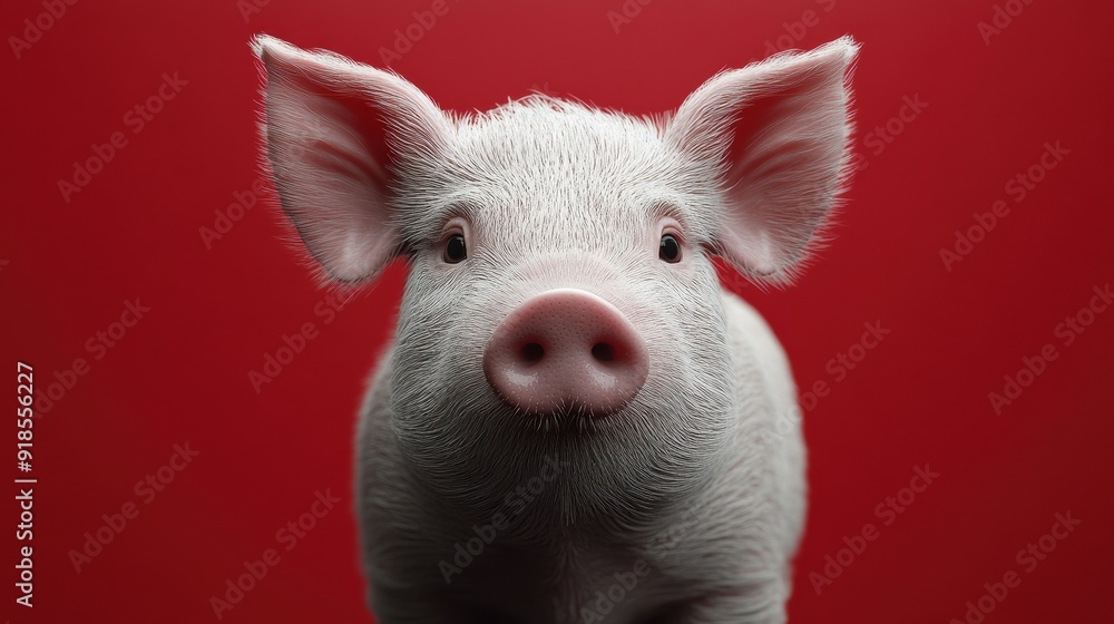 Fototapeta premium Close-Up of a Pig Against a Vibrant Red Background