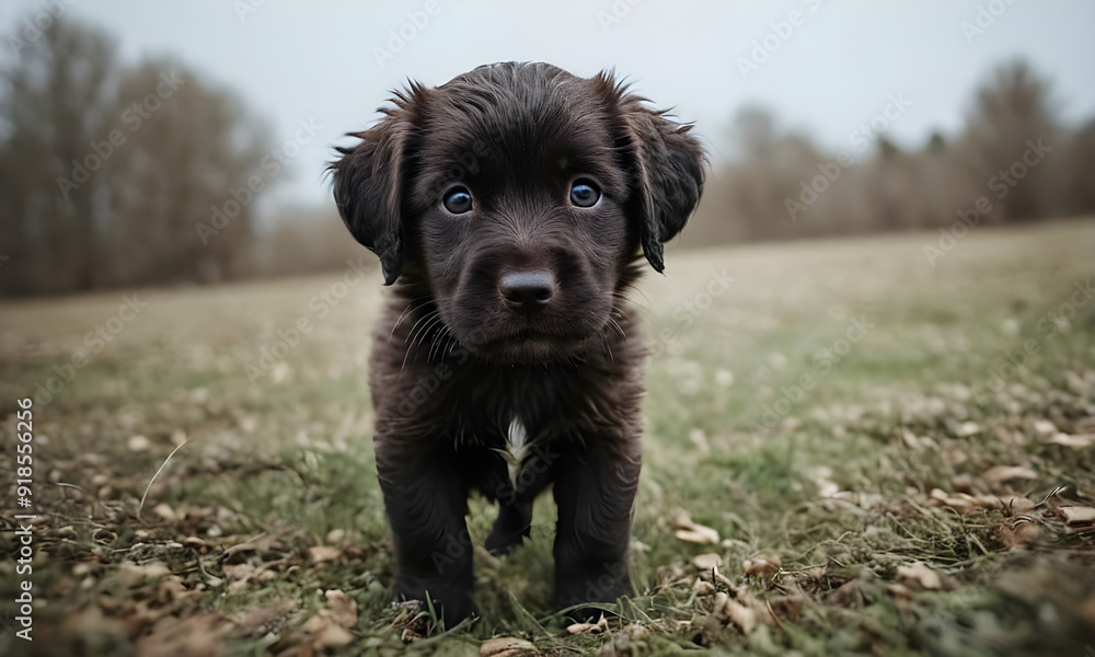 Adorable black puppy dog standing in grass field Adorable black puppy dog standing in grass field