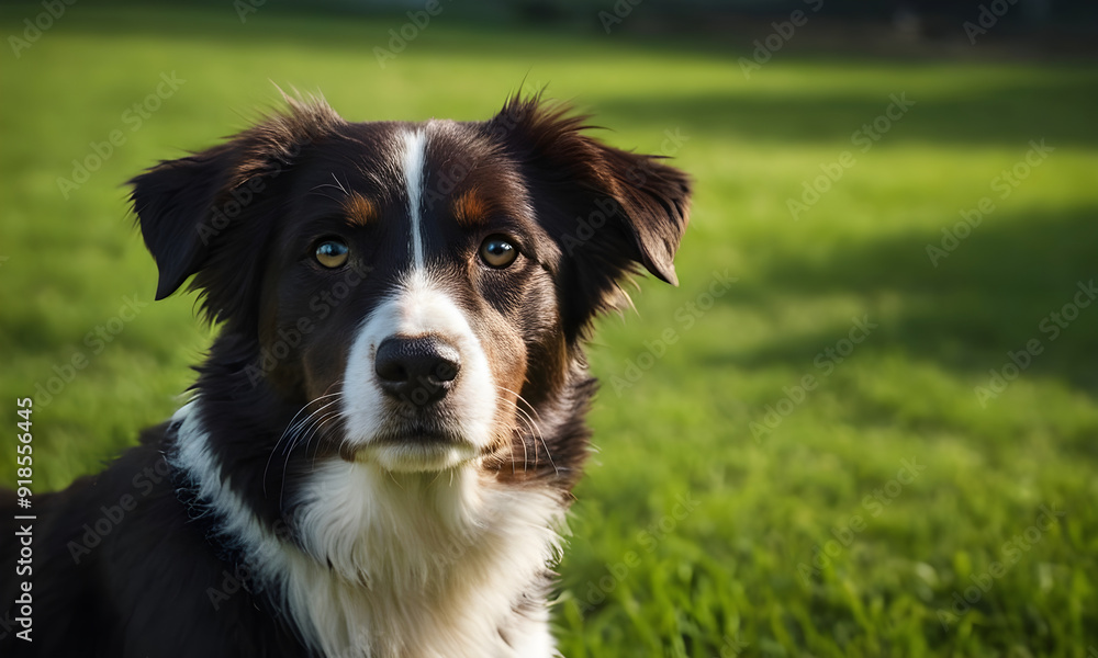 Australian shepherd dog posing on grass in park Australian shepherd dog posing on grass in park