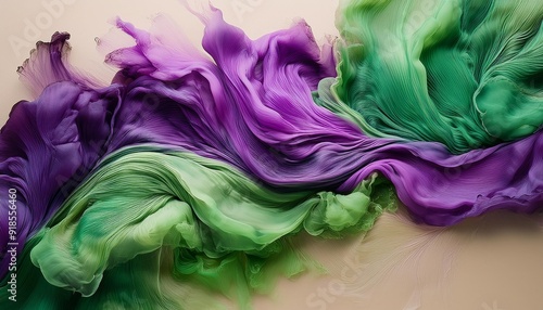 Layers of vibrant green and deep purple paint streaks blending together, positioned on a smo photo