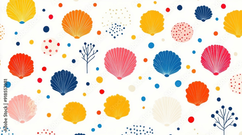 Colorful Pattern of Seashells and Dots on White Background Colorful Pattern of Seashells and Dots on White Background