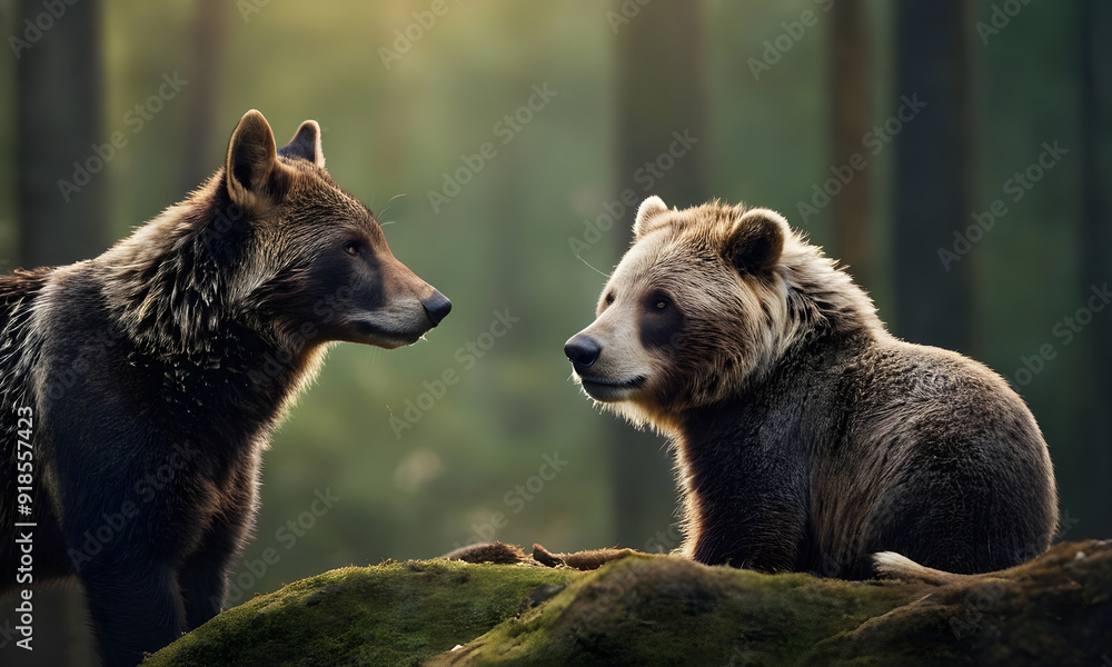 Brown bear and wolf interacting in green forest Brown bear and wolf interacting in green forest