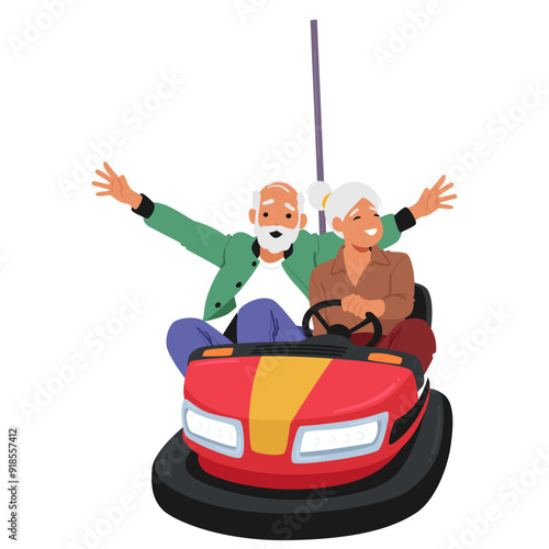 Cheerful Older Couple Having Fun On A Bumper Car Ride. Characters Laughing, Raising Their Arms, Enjoying Amusement Park