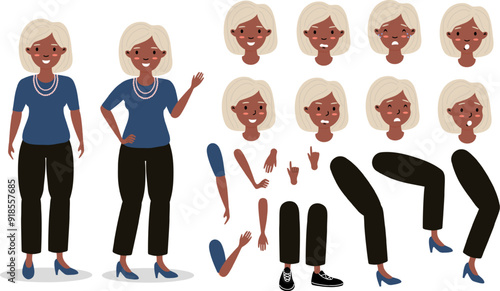 Character design featuring a cheerful older woman in casual attire with multiple expressions