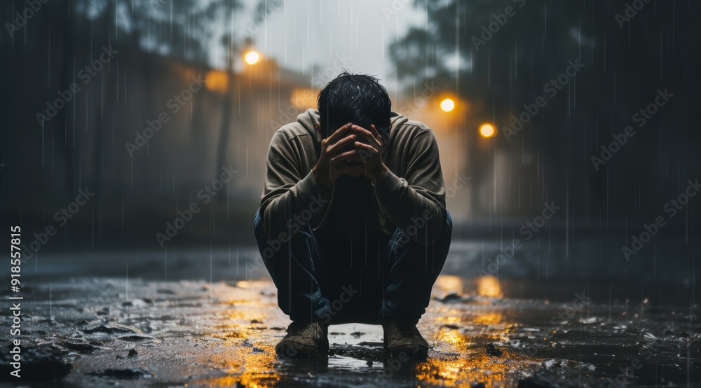 A man sits alone, depressed and anxious A man sits alone, depressed and anxious