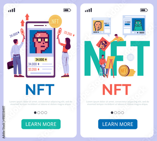NFT mobile app. Smartphone onboarding. Cyber art. Unique masterpiece auction technology. Crypto trade UI. Investment cryptocurrency exchange. Phone application interfaces vector set