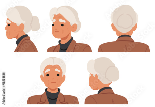 Elderly Woman Shown From Different Angles. Vector Illustration Highlights Female Character Profile, Front And Back Views