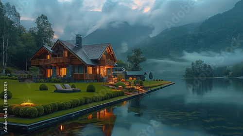 Fototapeta Naklejka Na Ścianę i Meble -  A large wooden house in the mountains, surrounded by green lawns and an endless lake. At night. Generative AI.