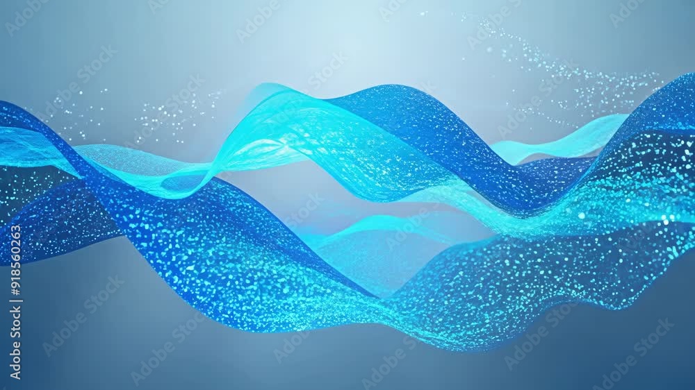 Flowing blue waves create a calming atmosphere, enhanced by shimmering particles that drift through the space. Flowing blue waves create a calming atmosphere, enhanced by shimmering particles that drift through the space.