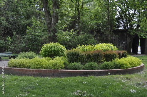 Beautiful Flower Bed with Diverse Plants and Flowers in a Picturesque Landscape photo