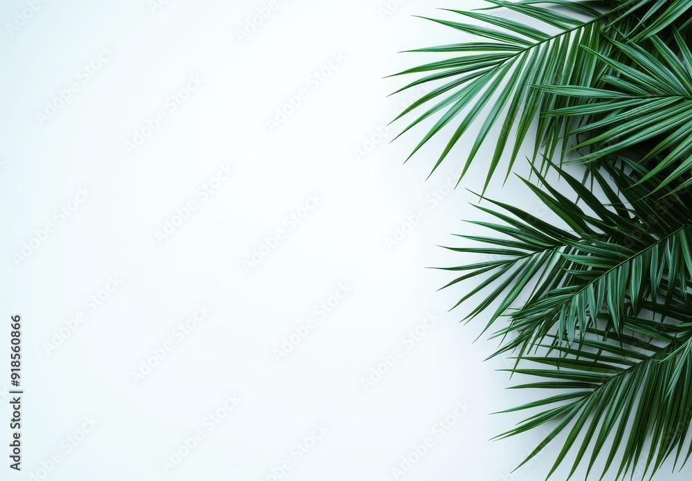 Palm leaves border a white background in a tropical plants concept