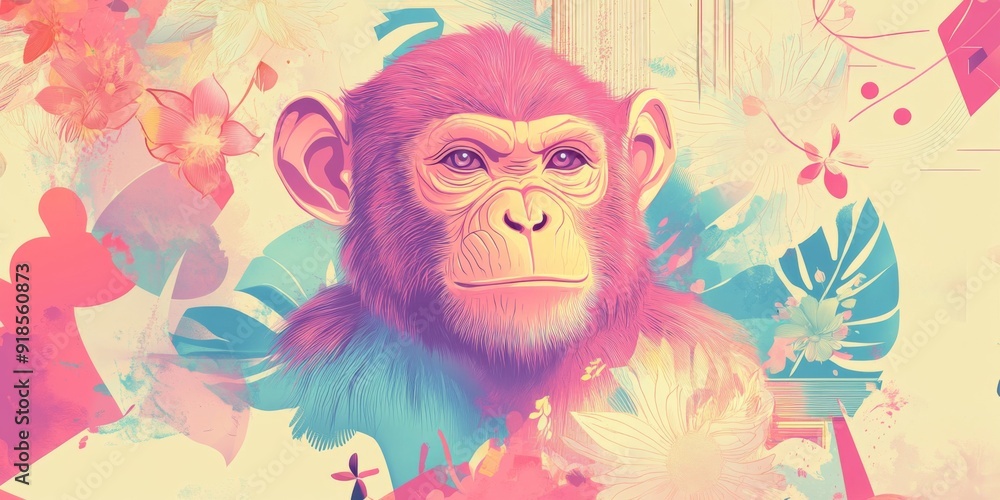 Fototapeta premium Elegant Monkey Zodiac Party Poster for the Future Year of the Monkey: Geometric Florals Meet Primate Grace in Ethereal Hues with Chinese Symbolism and Modern Aesthetics