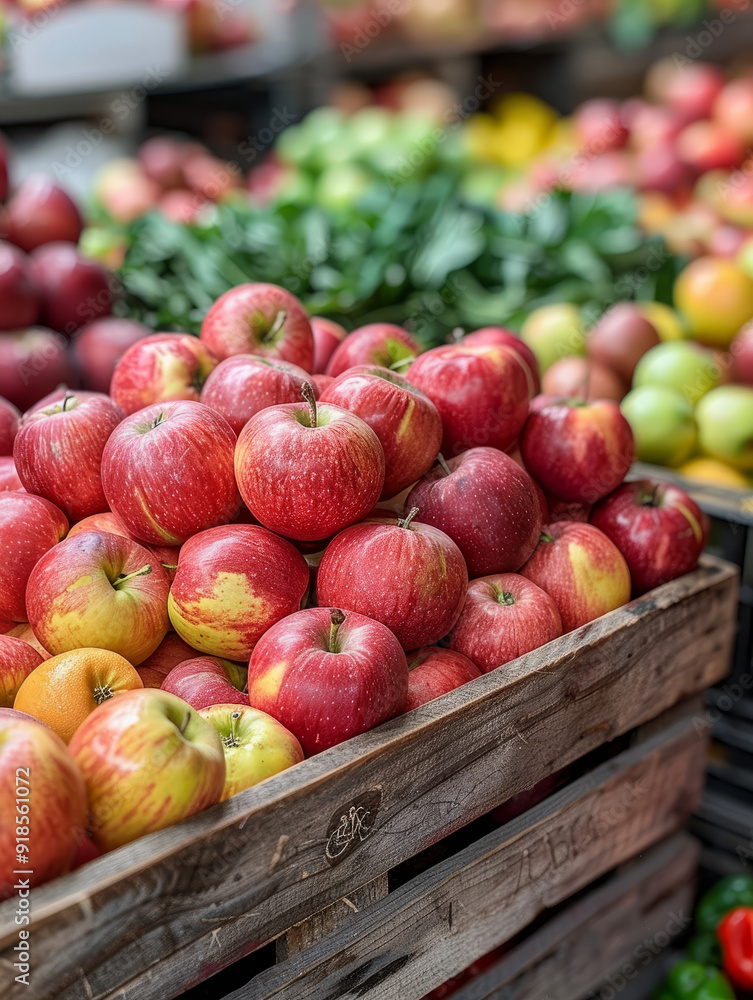Fresh apples stacked in a wooden crate at a market stall. Fresh apples stacked in a wooden crate at a market stall.
