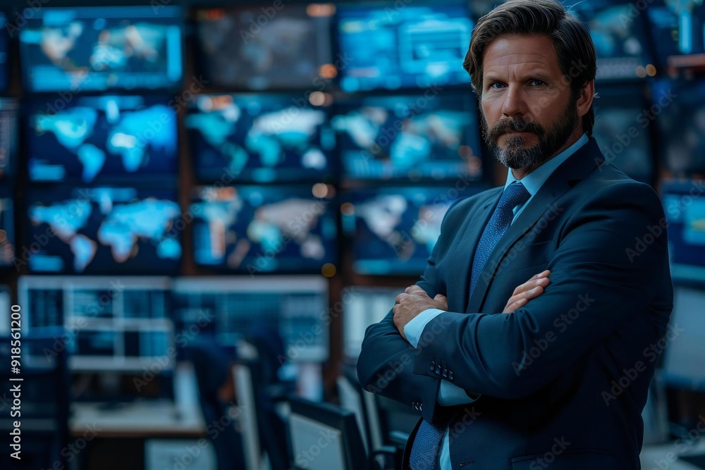 confident manager standing with arms crossed in front of a bank of monitors in a high-security office setting. confident manager standing with arms crossed in front of a bank of monitors in a high-security office setting.
