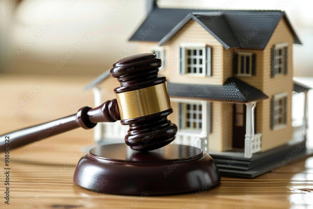 Close-up of house model with gavel on wooden table, symbolizing legal aspects of property ownership and real estate transactions. Close-up of house model with gavel on wooden table, symbolizing legal aspects of property ownership and real estate transactions.