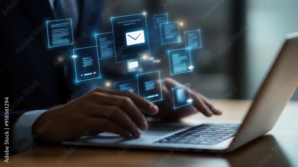 A businessman using laptop computer with digital document management system icon on virtual screen A businessman using laptop computer with digital document management system icon on virtual screen