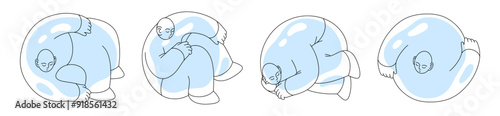 Abstract people. Modern persons poses. Lying outline figures. Characters sleeping in uncomfortable strange positions. Guys relaxation. Doodle shapes. Line men drawing. Vector icons set