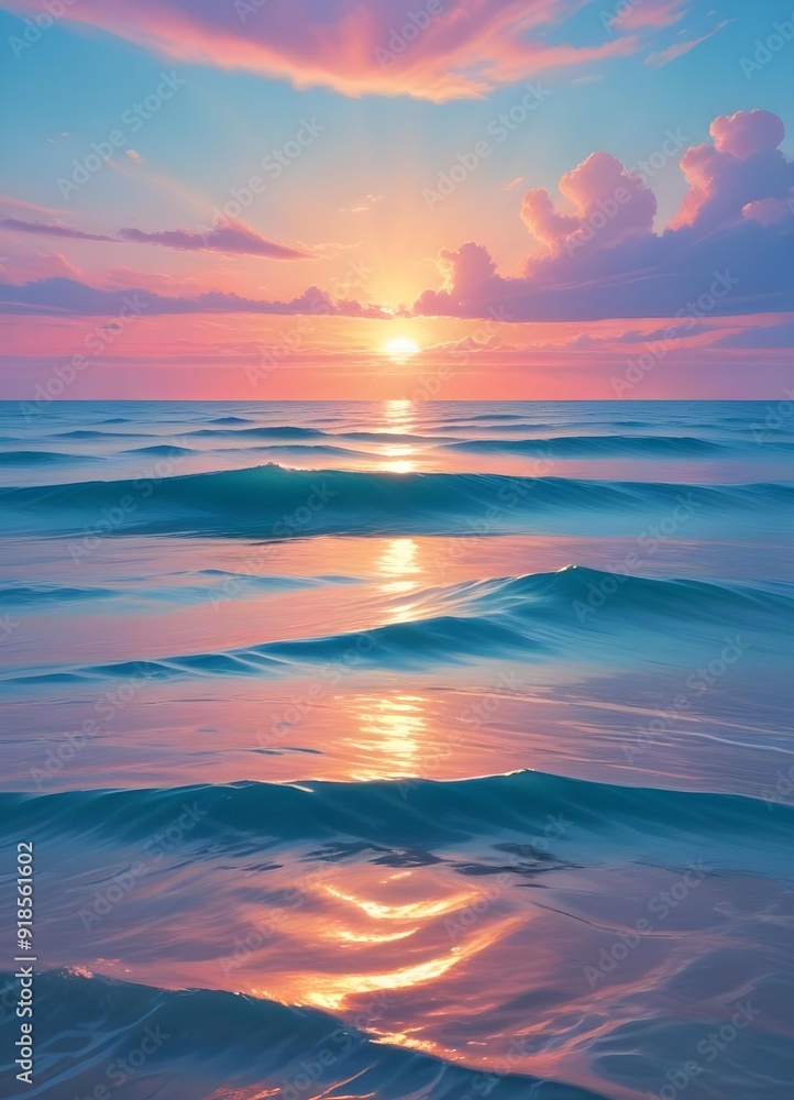 Obraz premium A serene ocean landscape with calm, rippling waves reflecting the warm, pastel-colored sky and bright sun in the distance