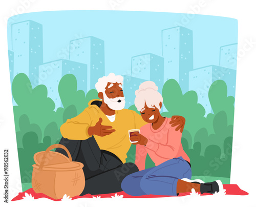 Happy Older Couple Enjoys A Relaxing Picnic In A Park. Vector Illustration Shows Old People Sitting On A Blanket