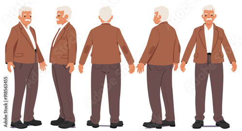 Vector Illustration Showing Multiple Views Of An Elderly Man In A Brown Suit. Character Animation, Storytelling