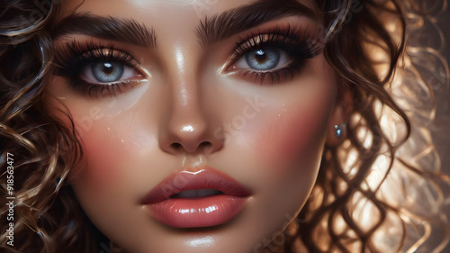 Wallpaper Mural Woman's face close-up, focusing on lips, eyes, earrings visible, hair in messy curls, eyes wide open, lips slightly parted, expression of surprise or intrigue, digital painting. Generative AI Torontodigital.ca