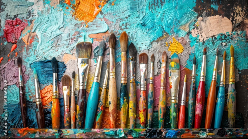 Fototapeta premium Creative Collection: Paintbrushes, Canvases, Palettes, Sketchbooks, and Colored Pencils in Artistic Action
