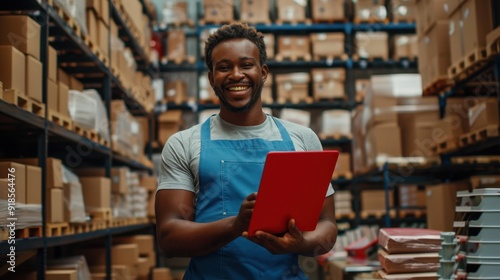 The worker with red tablet photo