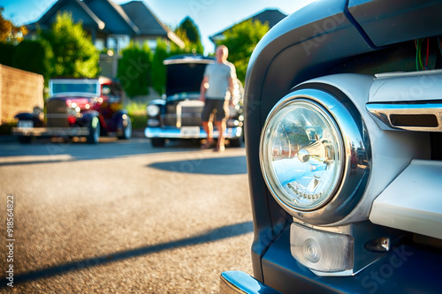 Vintage American cars and trucks on display at outdoor exhibition. 