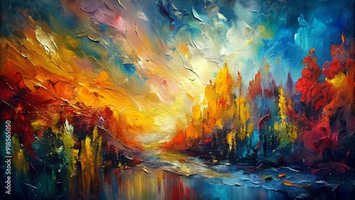 Vibrant abstract landscape painting with fiery autumn colors, oil on canvas