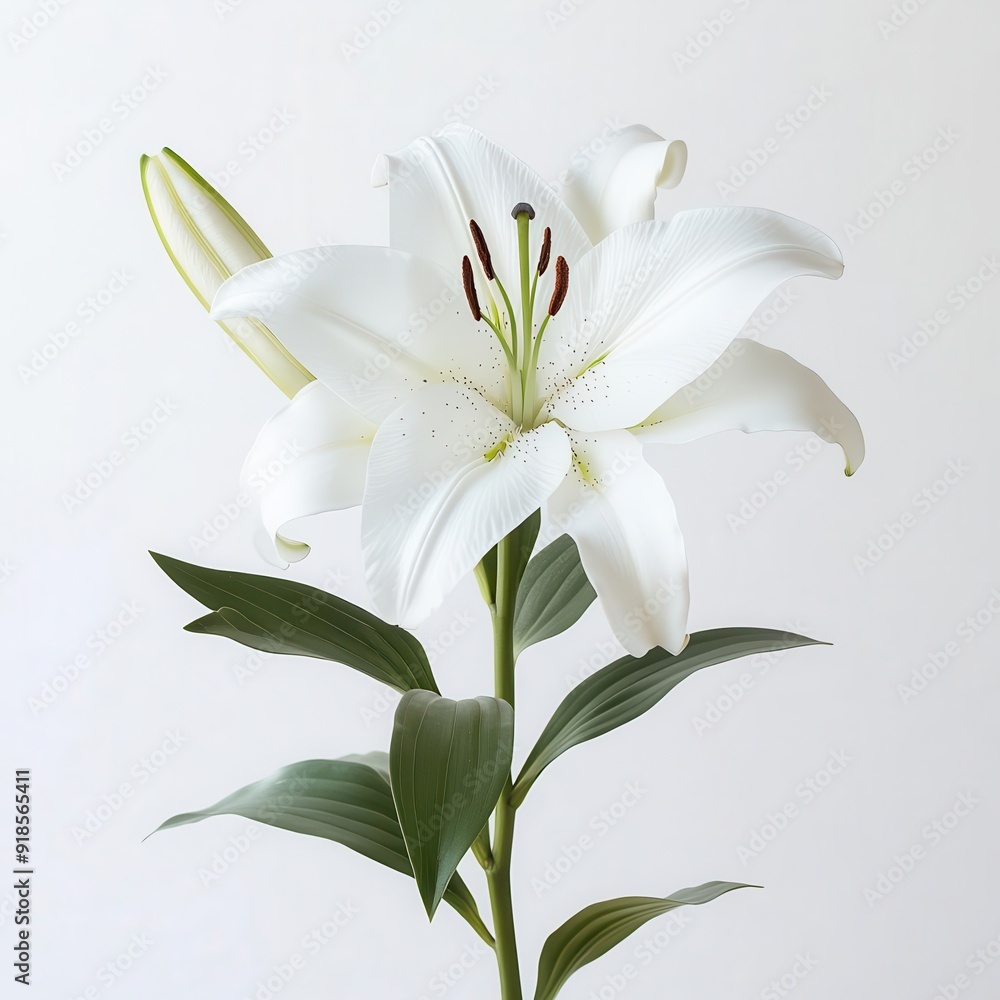 A single white lily, its delicate petals standing out against a pristine white background, embodies purity and grace in its essence. A single white lily, its delicate petals standing out against a pristine white background, embodies purity and grace in its essence.