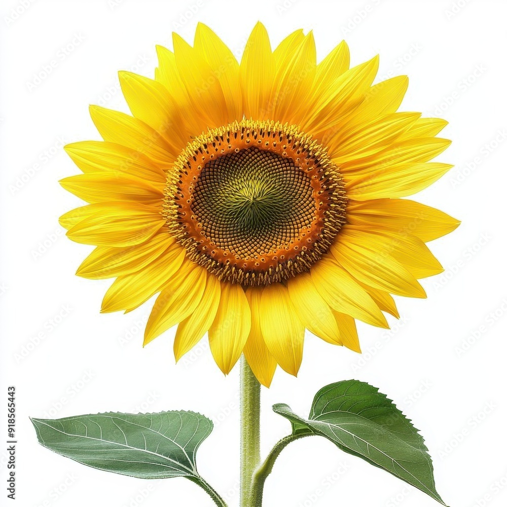Obraz premium Single sunflower with vibrant yellow petals, isolated against a white background, symbolizing happiness and warmth