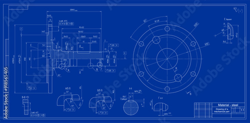 Vector engineering drawing of steel mechanical part 
with through holes and dimension lines.
Technology cad scheme. Metal shaft.