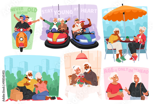 Cheerful Older People Engaging In Diverse Activities, From Riding Scooters To Enjoying Bumper Cars, Outdoor Picnics