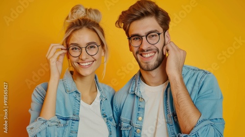 The smiling couple in denim photo