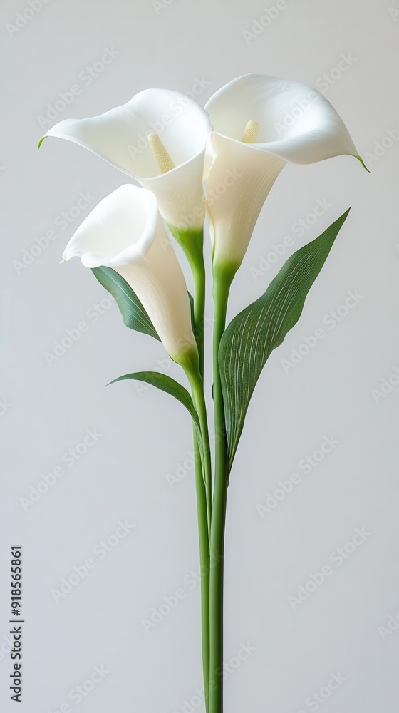 Obraz premium Elegant white calla lily with a green stem, photographed against a white backdrop, exuding timeless beauty